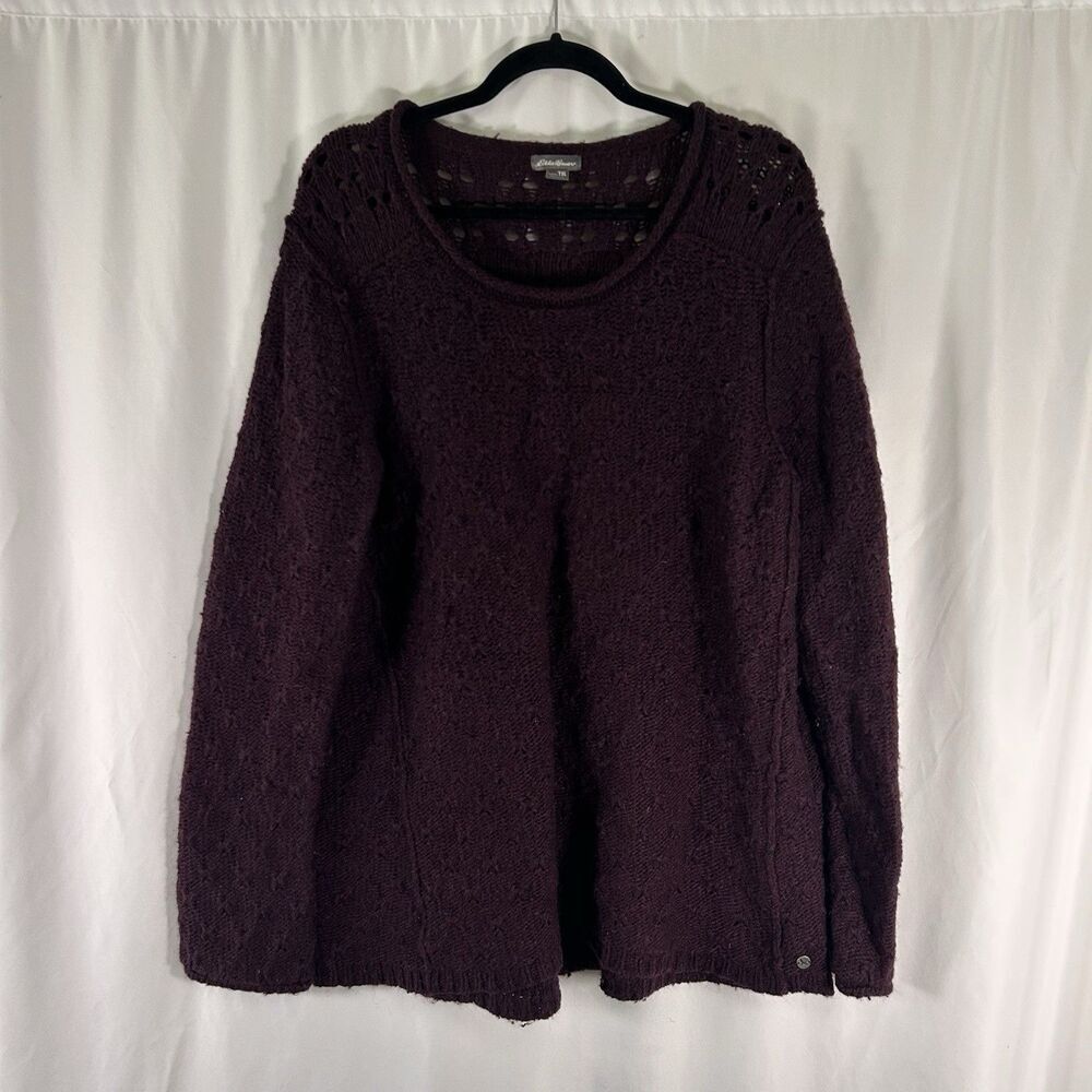 Eddie Bauer Sweater Women's XL Tall Purple Knit Round Neck Lambs Wool Camel Hair
